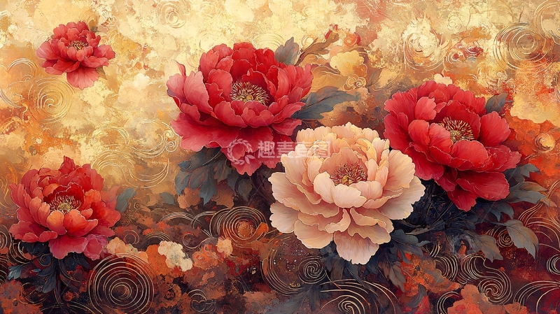 高清大图下载【趣麦麦图】红色和米色牡丹花朵