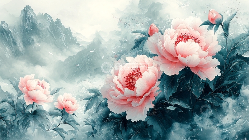 高清大图下载【趣麦麦图】水墨风格粉色牡丹