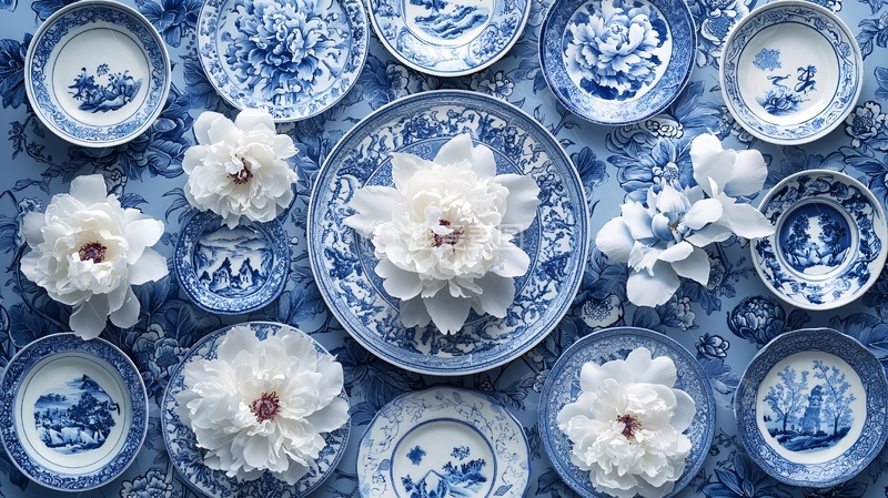 高清大图下载【趣麦麦图】青花瓷盘与白色花朵