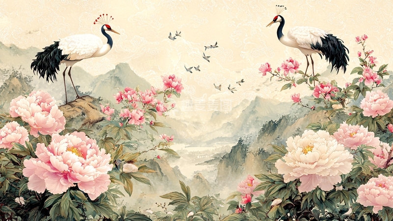 高清大图下载【趣麦麦图】仙鹤牡丹国画风