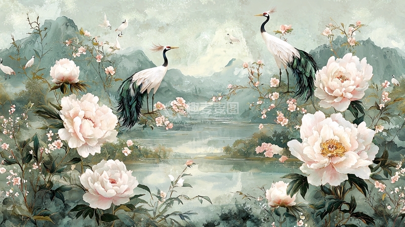 高清大图下载【趣麦麦图】仙鹤牡丹山水中国风意境画
