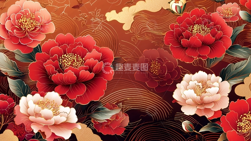 高清大图下载【趣麦麦图】红色牡丹花与金色祥云