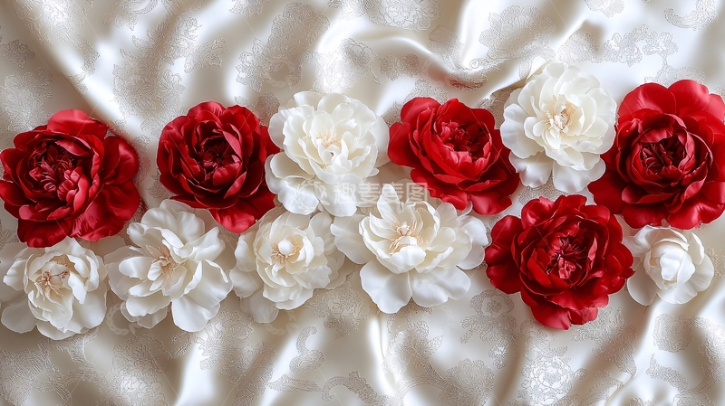 高清大图下载【趣麦麦图】红白花朵排列在丝绸上