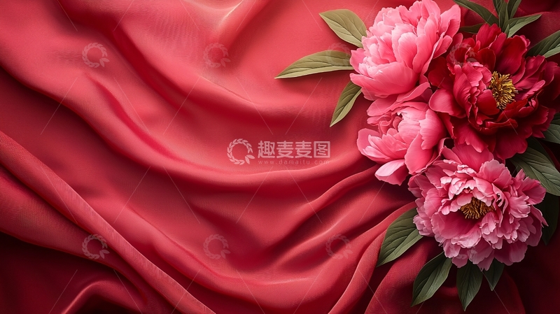 高清大图下载【趣麦麦图】红色丝绸上的牡丹花