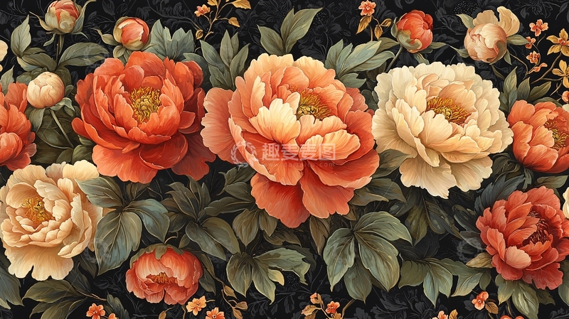 高清大图下载【趣麦麦图】橙色和米色牡丹花簇