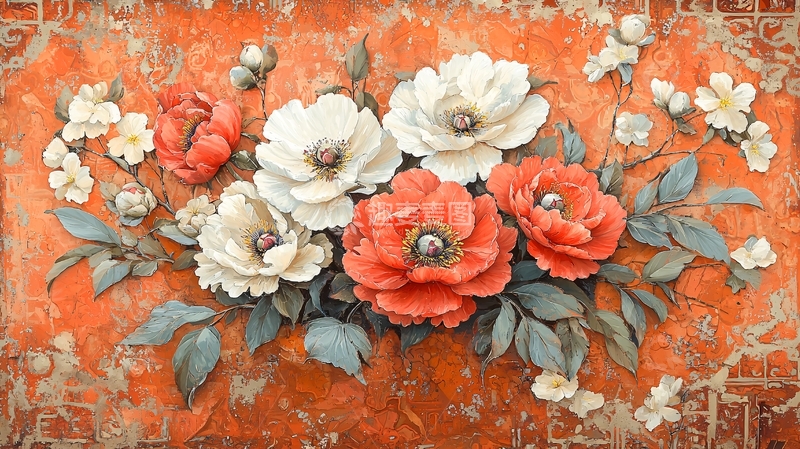 高清大图下载【趣麦麦图】橘红色底上的花卉图案