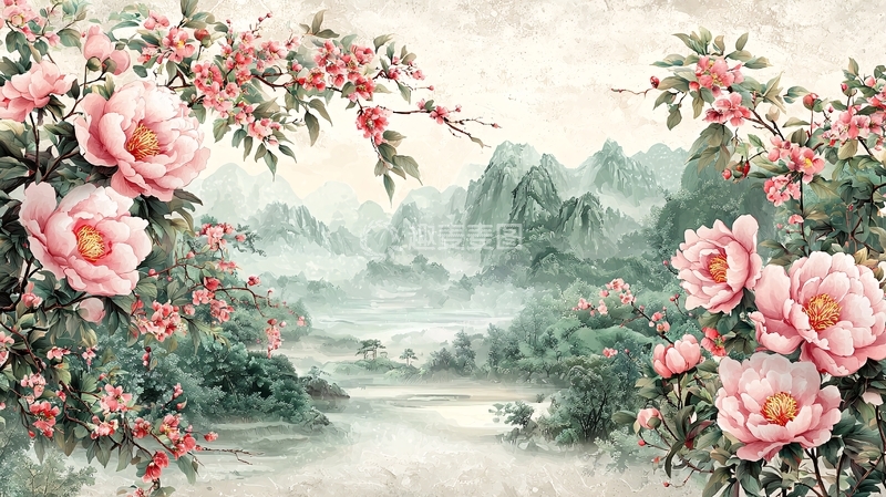 高清大图下载【趣麦麦图】粉色花朵山水水墨画