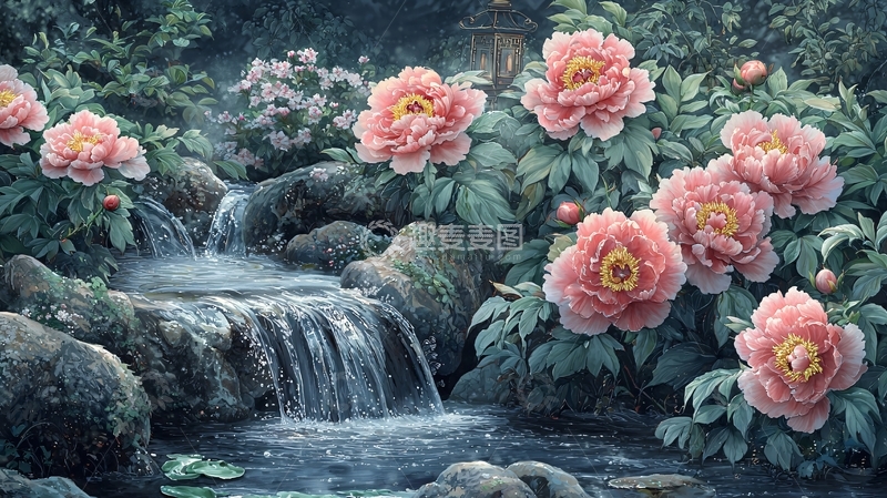 高清大图下载【趣麦麦图】粉色牡丹花瀑布花园风景