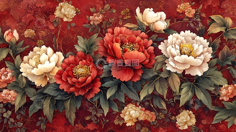 高清大图下载【趣麦麦图】红色背景下的牡丹花簇