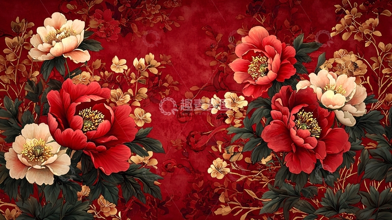 高清大图下载【趣麦麦图】红色背景下的牡丹花卉