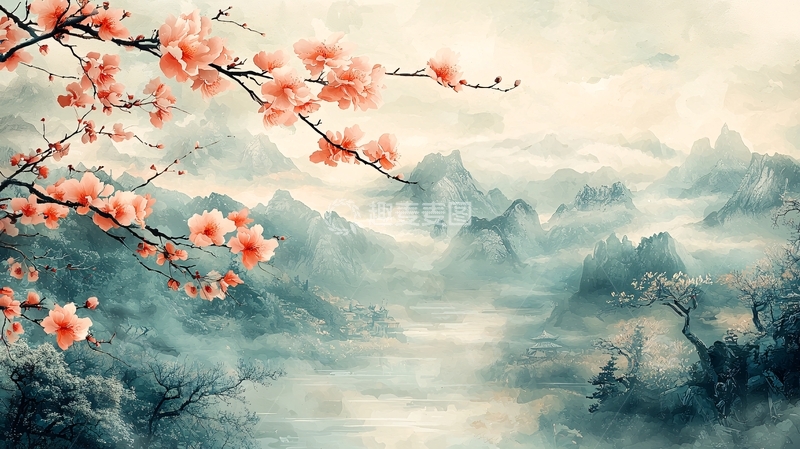 高清大图下载【趣麦麦图】水墨风山水间的桃花盛开