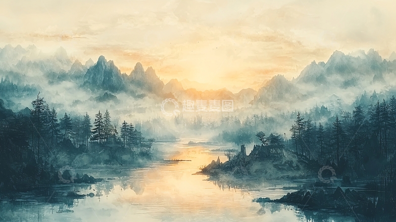高清大图下载【趣麦麦图】烟雾笼罩的山水风景