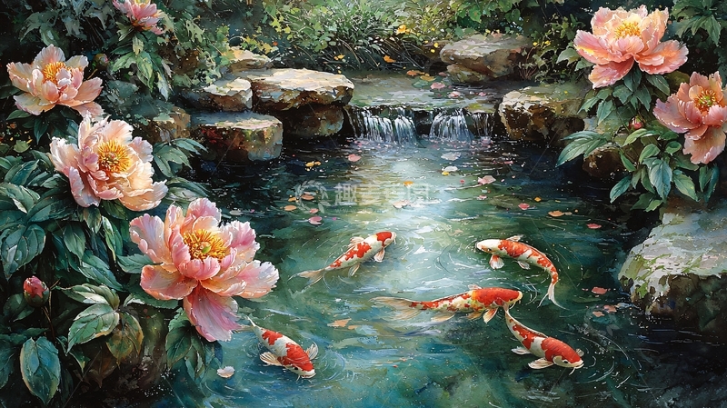 高清大图下载【趣麦麦图】锦鲤在荷花池中嬉戏