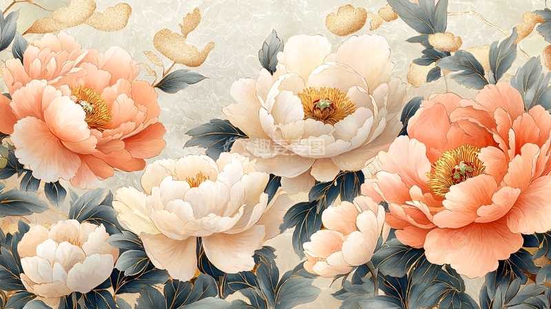 高清大图下载【趣麦麦图】淡雅牡丹花卉水墨画