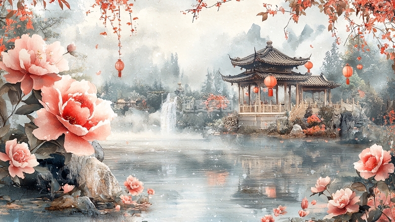 高清大图下载【趣麦麦图】国风亭台楼阁水墨画