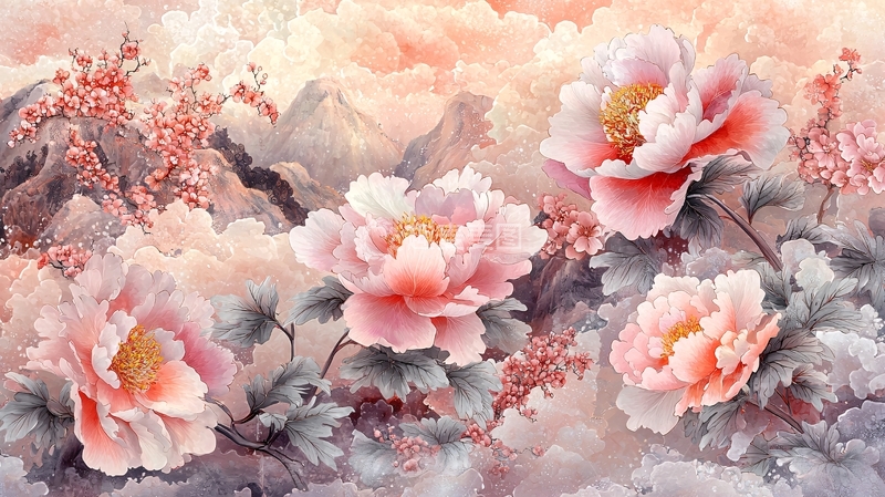 高清大图下载【趣麦麦图】粉色牡丹山水国画风