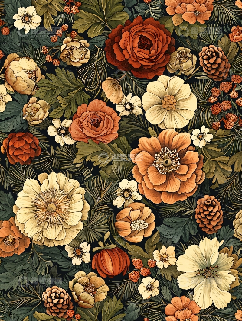 高清大图下载【趣麦麦图】复古花卉植物背景图案