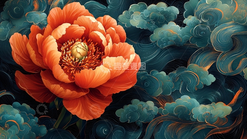 高清大图下载【趣麦麦图】橘色牡丹花与水墨云雾