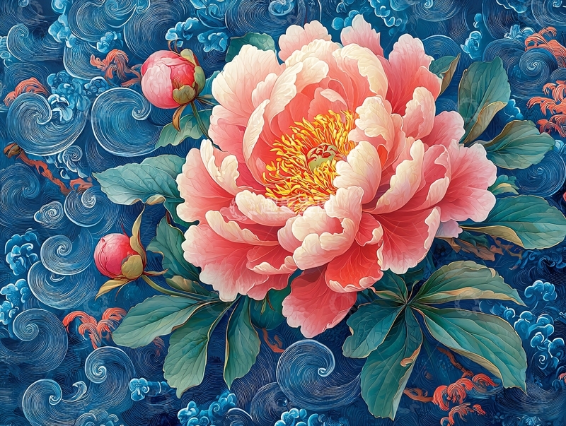 高清大图下载【趣麦麦图】粉色牡丹花与蓝色云纹背景