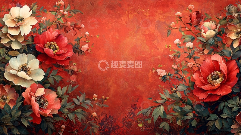 高清大图下载【趣麦麦图】红色花卉油画风格背景