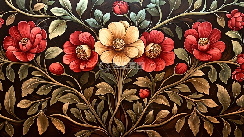 高清大图下载【趣麦麦图】繁复的红色花朵植物装饰画