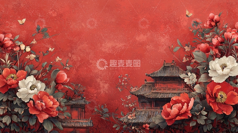 高清大图下载【趣麦麦图】红色背景下的国风花卉建筑
