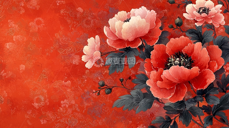 高清大图下载【趣麦麦图】红色背景下的牡丹花卉