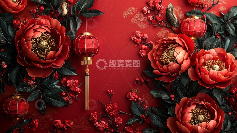 高清大图下载【趣麦麦图】红色牡丹灯笼新年背景