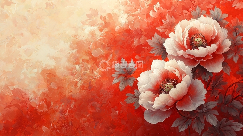 高清大图下载【趣麦麦图】国风红色牡丹花卉背景