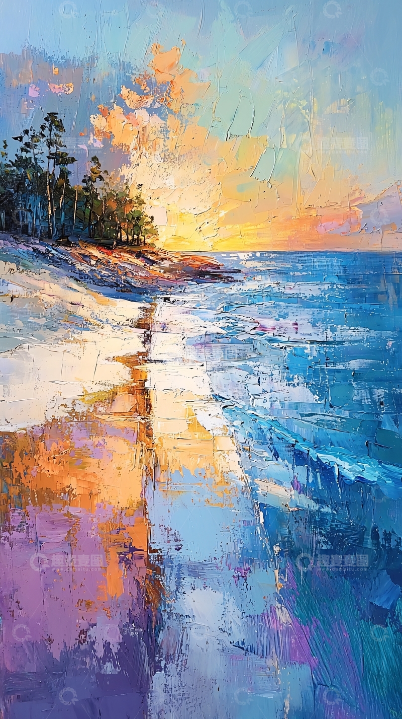 高清大图下载【趣麦麦图】海边油画日落天空树木