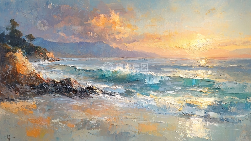 高清大图下载【趣麦麦图】海边日落风景油画