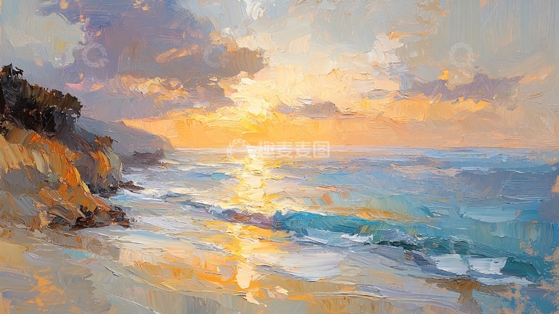 高清大图下载【趣麦麦图】唯美海边日落油画