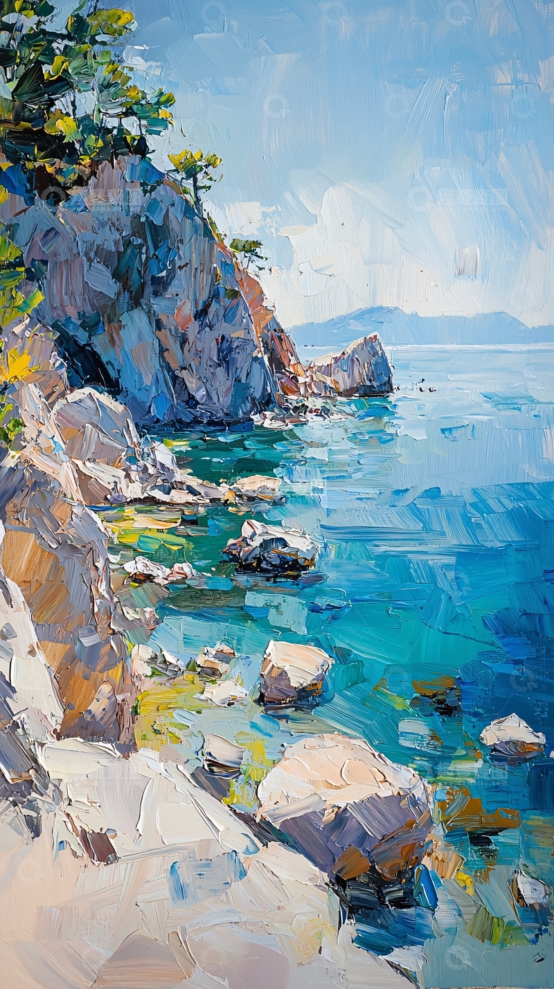 高清大图下载【趣麦麦图】海边岩石风景油画质感