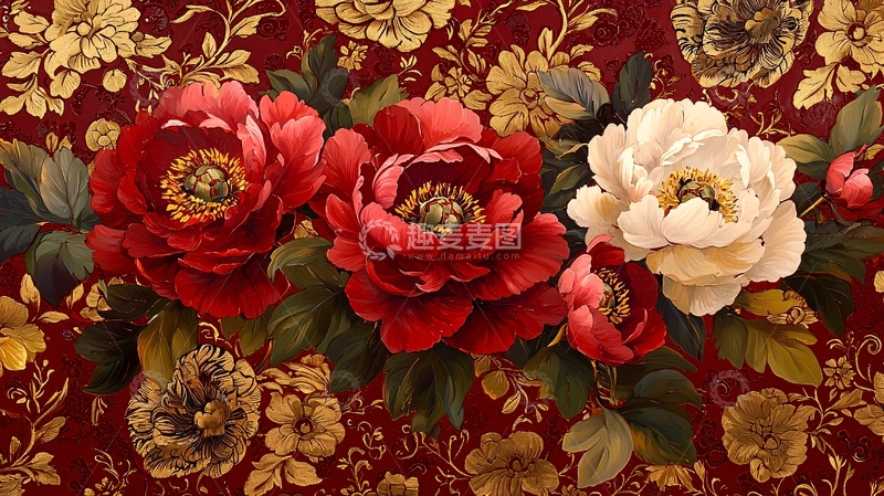 高清大图下载【趣麦麦图】红白牡丹盛开的画