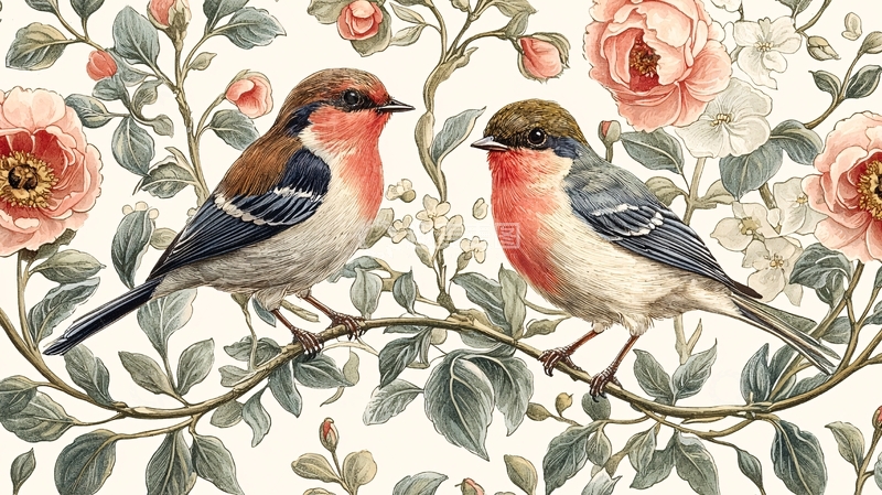 高清大图下载【趣麦麦图】两只鸟在花丛中