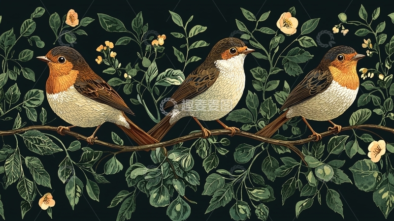 高清大图下载【趣麦麦图】三只知更鸟栖息在树枝上