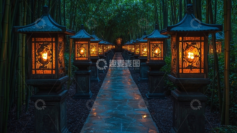 高清大图下载【趣麦麦图】竹林小路灯笼夜景