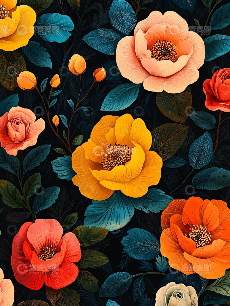 高清大图下载【趣麦麦图】绚丽花朵在深色背景上