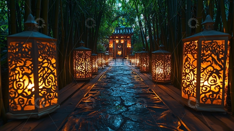 高清大图下载【趣麦麦图】神秘东方竹林灯笼小路