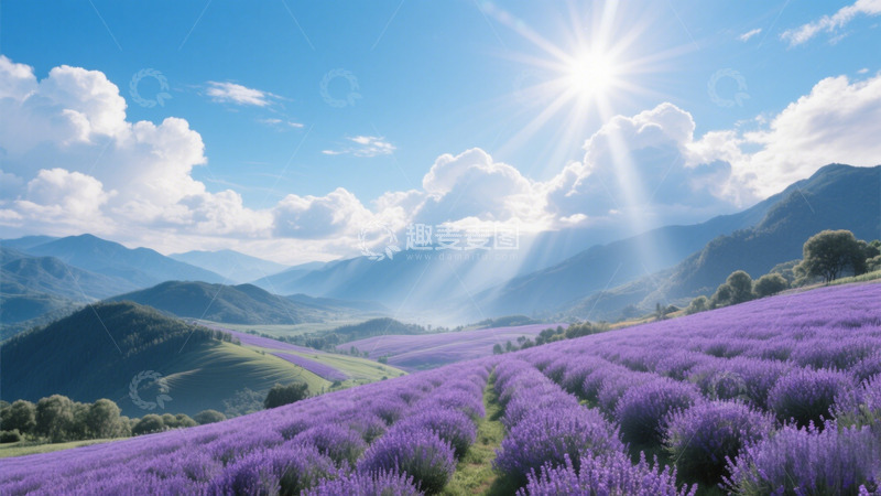 高清大图下载【趣麦麦图】暖阳下的紫色薰衣草田