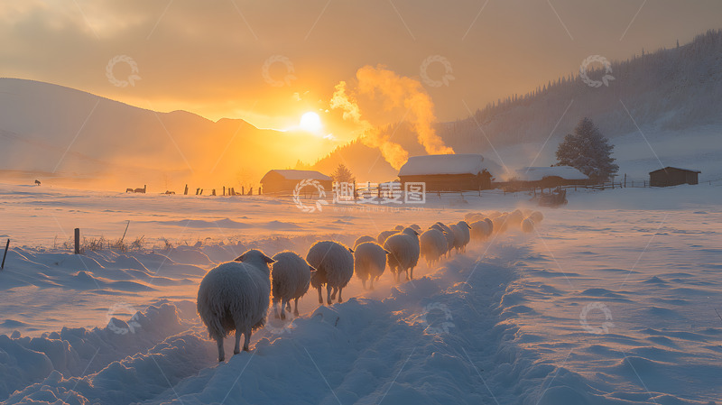 高清大图下载【趣麦麦图】冬季雪地上的羊群