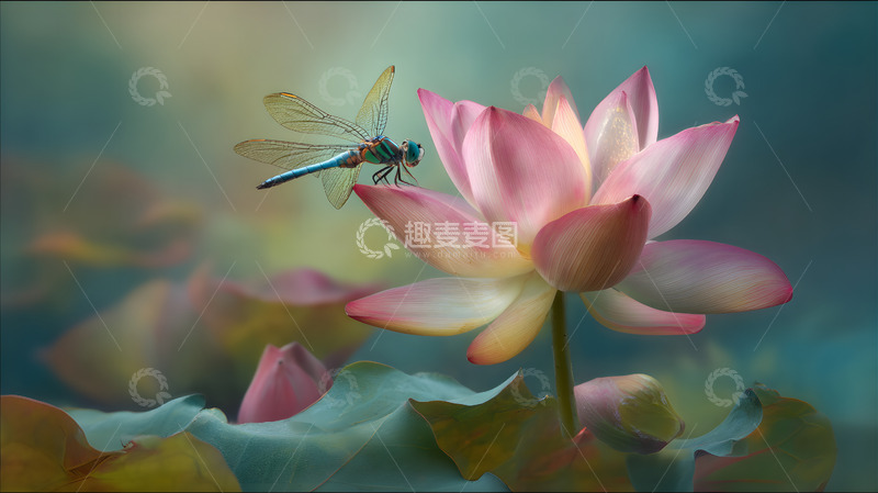 高清大图下载【趣麦麦图】一只蜻蜓停在绽放的荷花