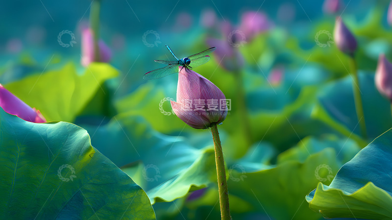 高清大图下载【趣麦麦图】一只蜻蜓停在绽放的荷花1