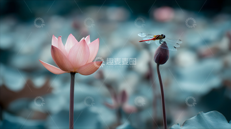 高清大图下载【趣麦麦图】一只蜻蜓停在绽放的荷花3