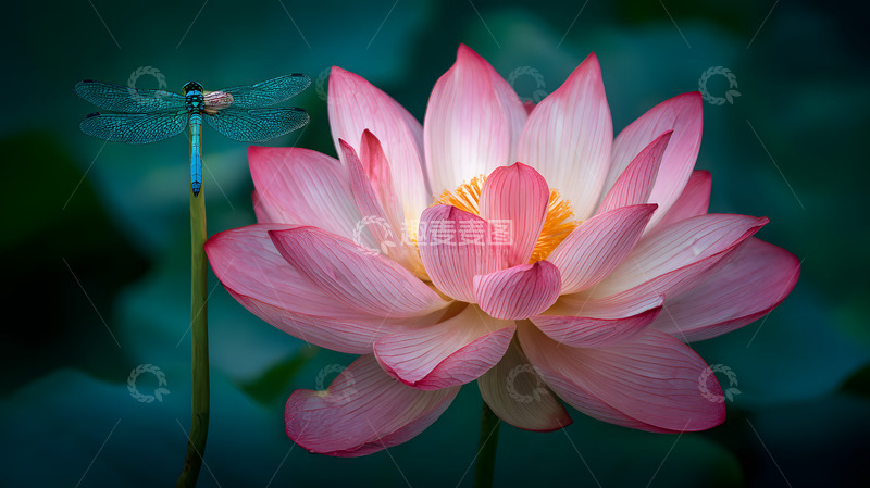 高清大图下载【趣麦麦图】一只蜻蜓停在绽放的荷花2