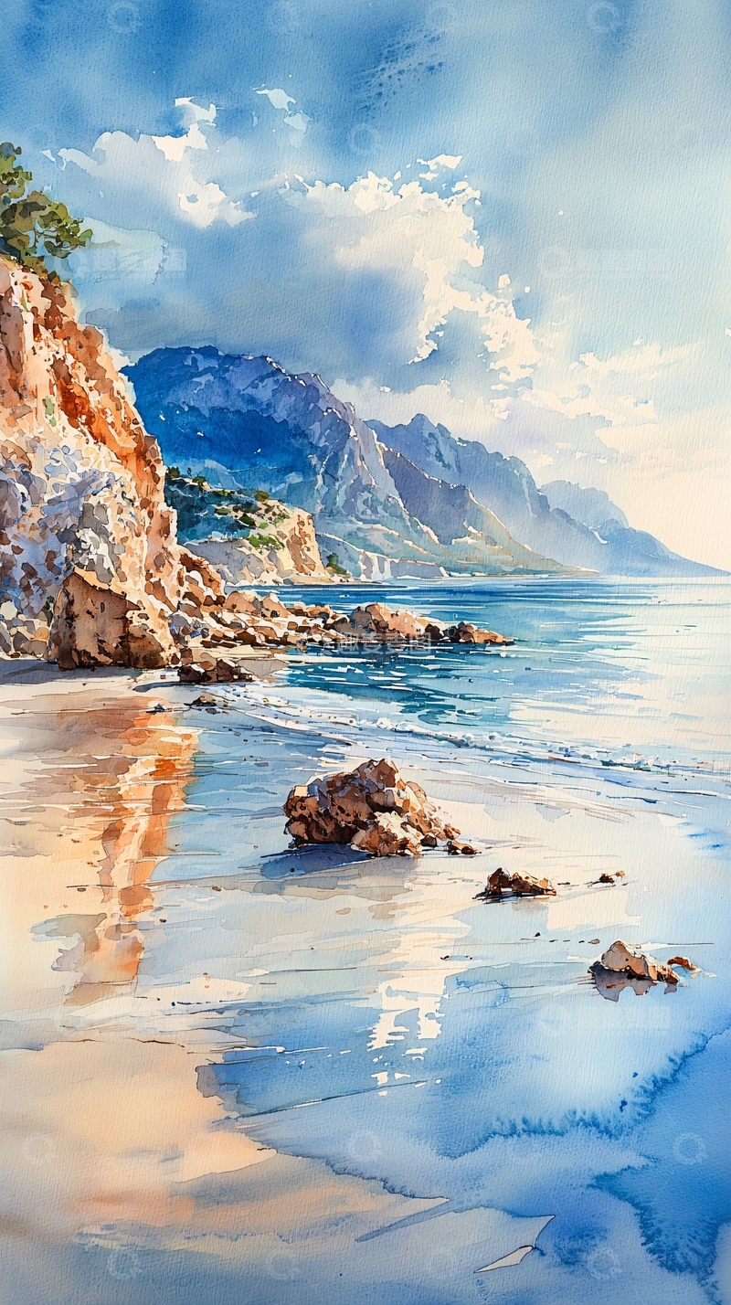 高清大图下载【趣麦麦图】水彩风格海边风景