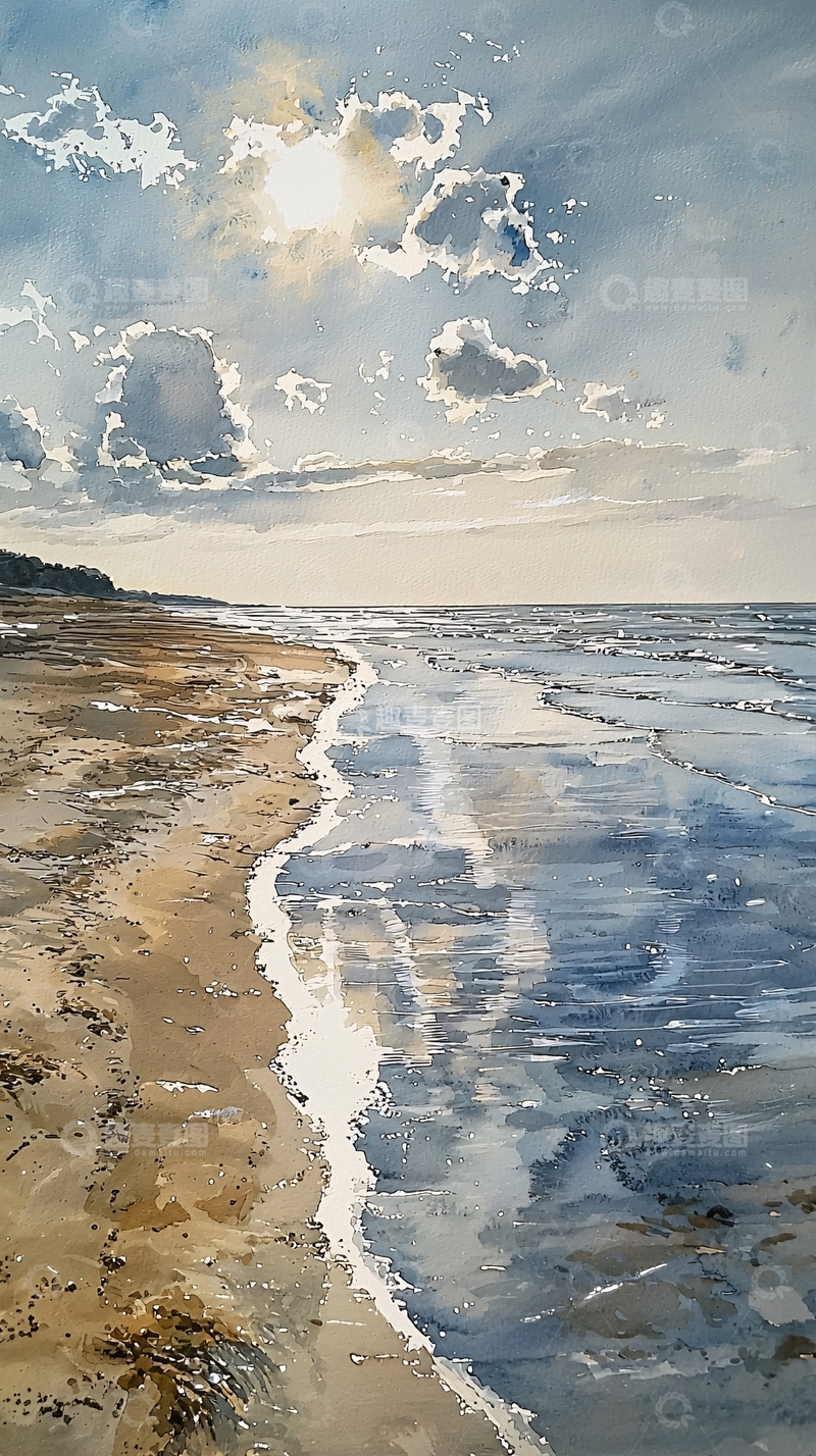 高清大图下载【趣麦麦图】水彩海滩云朵阳光风景