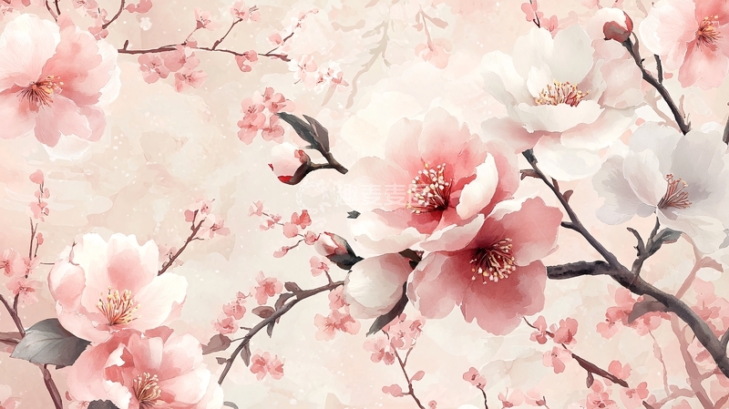 高清大图下载【趣麦麦图】淡粉色花朵水彩背景