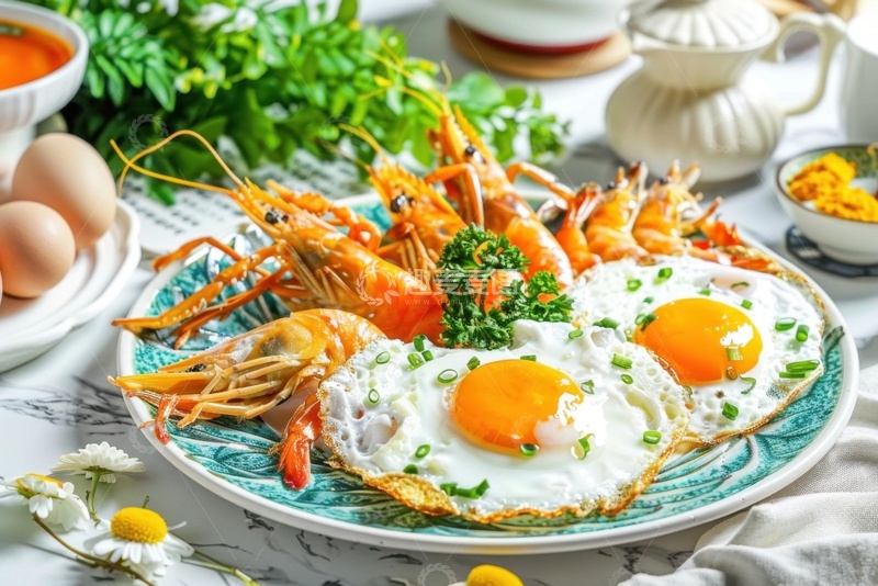 高清大图下载【趣麦麦图】一盘煎蛋和煎大虾