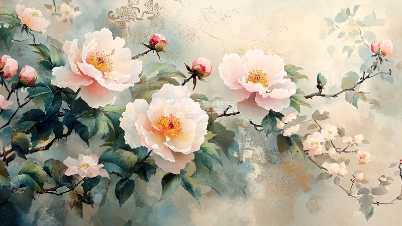 高清大图下载【趣麦麦图】淡粉色花朵水彩画